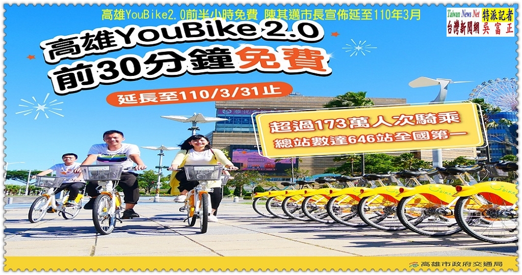 高雄YouBike2.0前半小時免費 陳其邁市長宣佈延至110年3月＠TaiwanNewsNet台灣新聞網